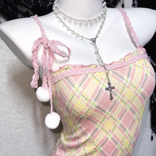 리즈리사 체크 프릴레이스 폼폼 슬리브리스 나시 히메갸루 라떼 핀터 팝걀