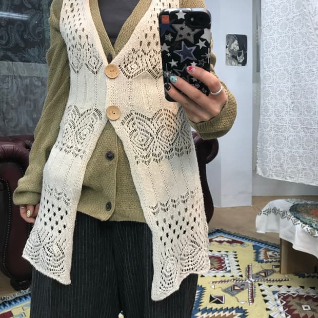 빈티지 여성 그물 니트 롱 베스트