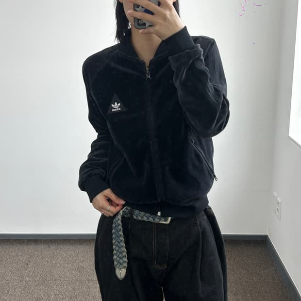 Adidas 파이어버드 로고 블랙 벨벳 집업 