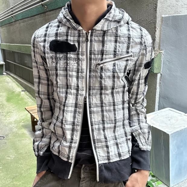 유일매물 일본빈티니 펑크 레터링 체크 후드 집업 자켓