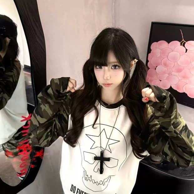 카모 소매 스컬 프린팅 래글런 긴팔 티셔츠