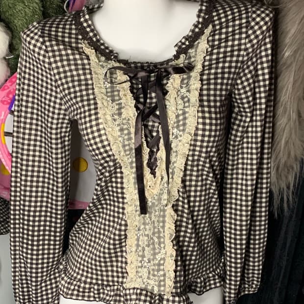 엑시즈팜 쿠마모리 라떼갸루 브라운체크 탑