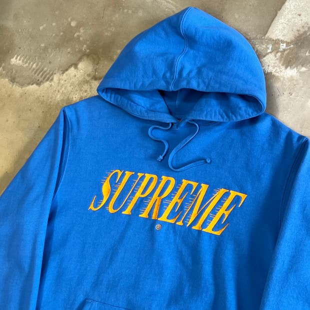 M 슈프림 기모 빅로고 자수 블루 후드티 
