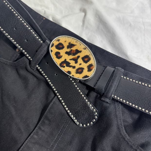 Guess 레오파드 송치 버클 레더 벨크 스터드 펑크