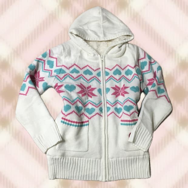 화이트 민트 핑크 노르딕 니트 후드집업 갸루 히메 러블리 로걀 빈티지