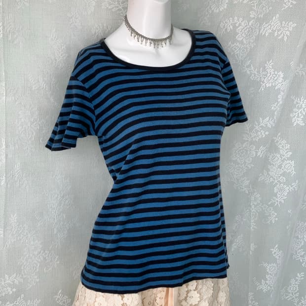 빈티지 블루 스트라이프 모리 반팔 1114 모리걸 y2k 스트릿 갸루 펑