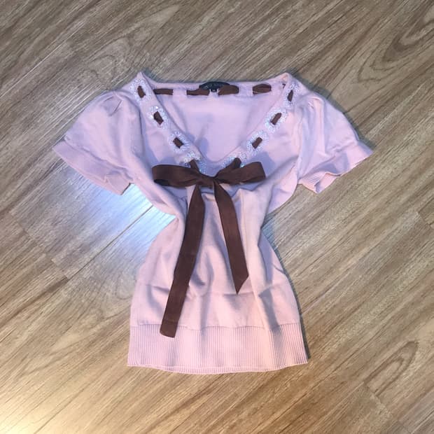 빈티지 딸기초코 비즈 리본 핑크 니트 티셔츠 히메갸루 로걀 라떼 모리걸