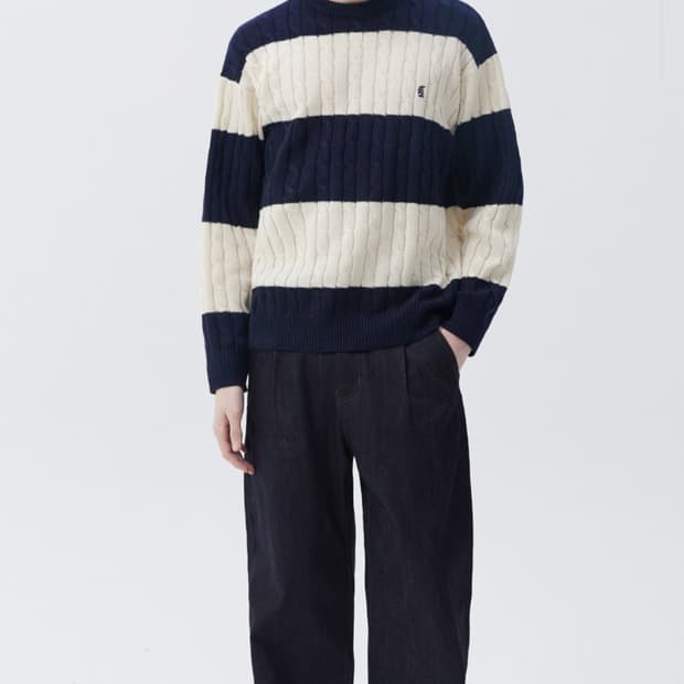 트릴리온 워셔블 보트자수 케이블 크루넥 니트 L