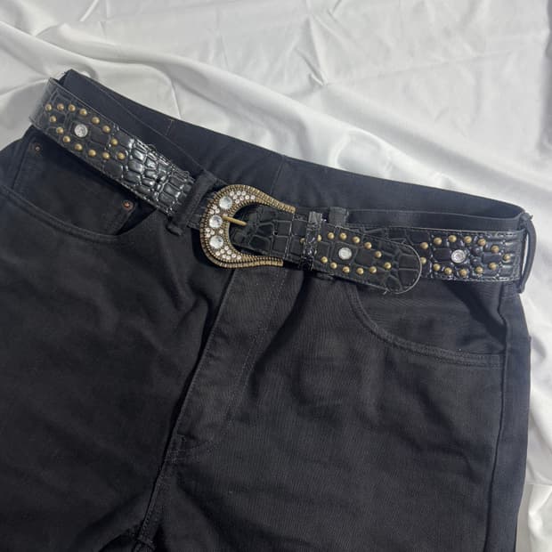 빈티지 크로커다일 크리스탈 스터드 웨스턴 레더 벨트 y2k vkei