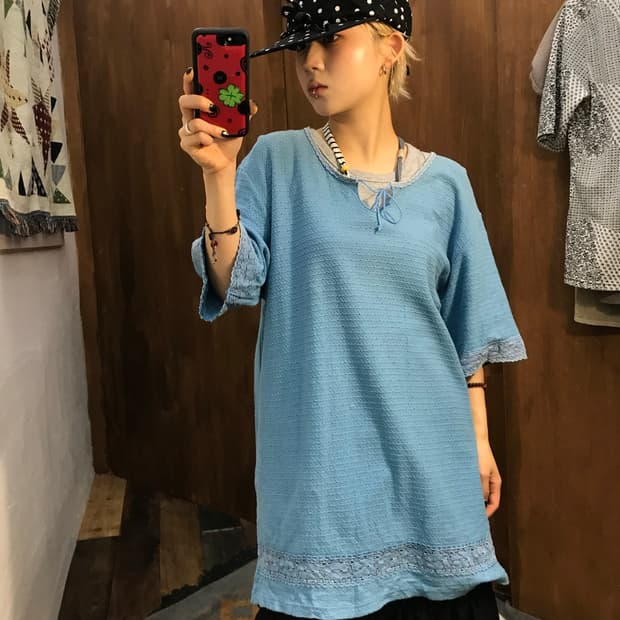 제페니즈 빈티지 여성 레이스 반팔 미디원피스 (Z1249)