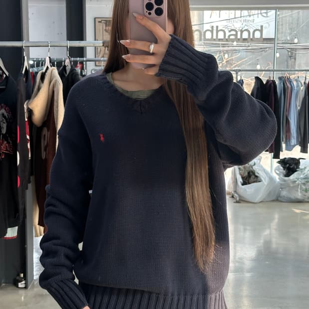 폴로랄프로렌 브이넥 코튼니트 네이비