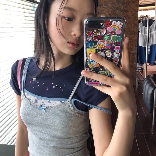 레이어드 새틴 리본 반팔