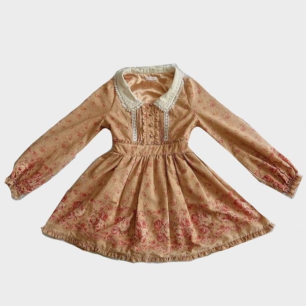 리즈리사 꽃 베이지 오렌지 카라 프릴 레이스 원피스 빈티지 라떼갸루