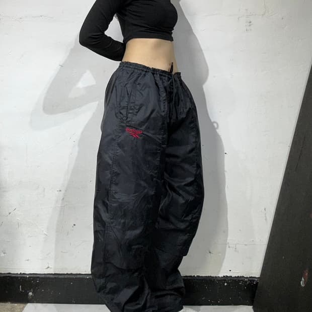 리복 블랙 와이드 트랙 팬츠 힙합 비닐 바지 L