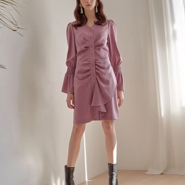 쥴리앤칼라 퍼플 펄 셔링 핀턱 원피스 F