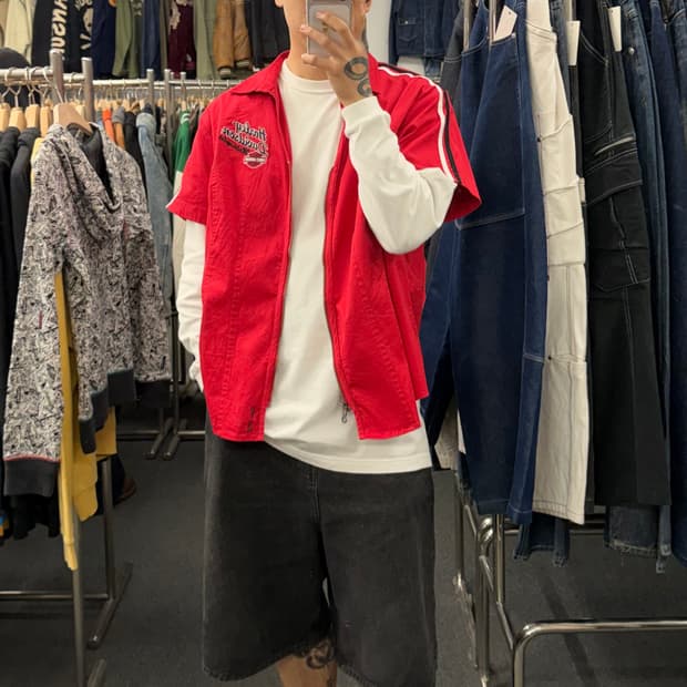 OS)할리데이비슨 빈티지 로고자수 반팔 집업 셔츠