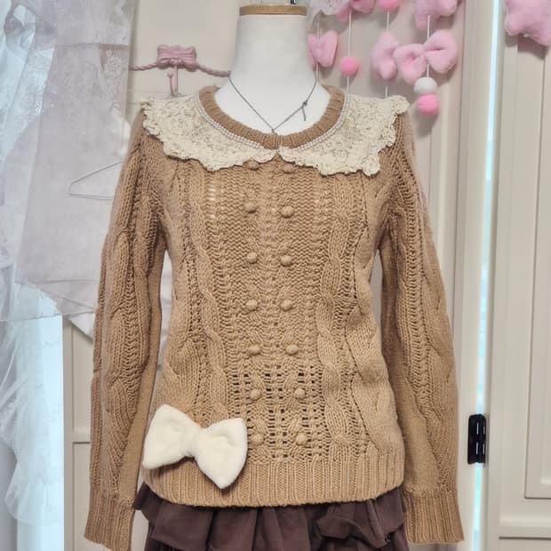 리즈리사깔 라떼갸루 레이스 폼폼 라떼 진주 니트 