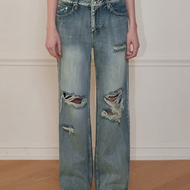 [새상품] 보헤미안서울 보헴서 하이라이트 데미지 와이드 팬츠 블루