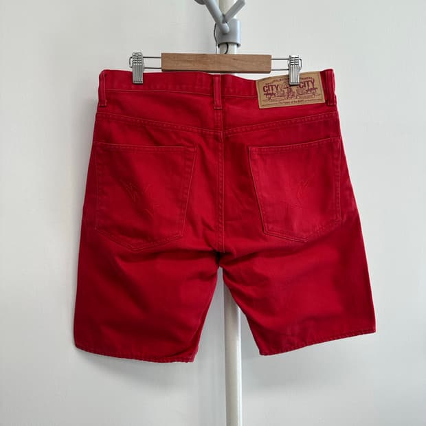 베이프 스타 자수 레드 데님 하프 팬츠