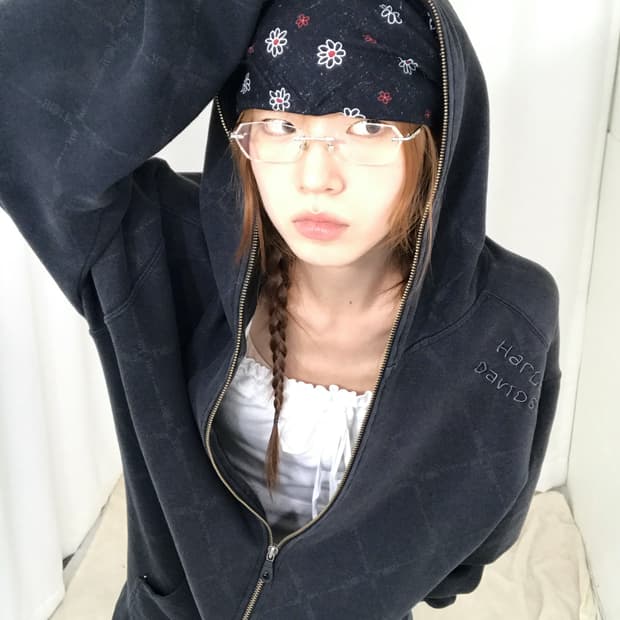 할리데이비슨 오버 사이즈 체크 자수 후드 집업