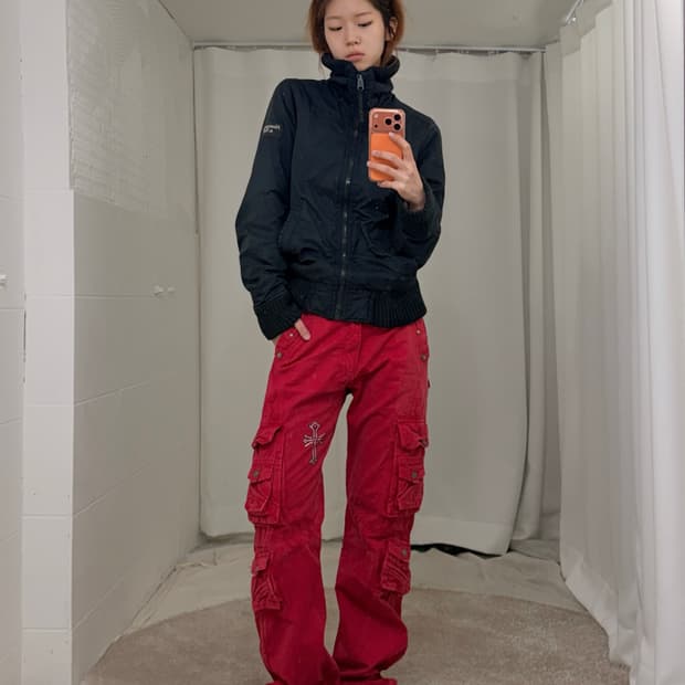 빈티지 레드 펑크 큐빅 카고 스트레이트 팬츠