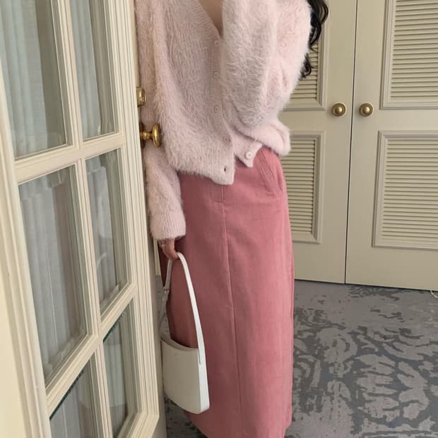 (PYT)프리티영띵 펄 단추 골덴 코듀로이 롱 H라인 스커트 핑크 S