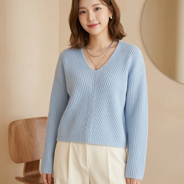 띠어리(Theory) 라이트 블루 브이넥 골지 니트