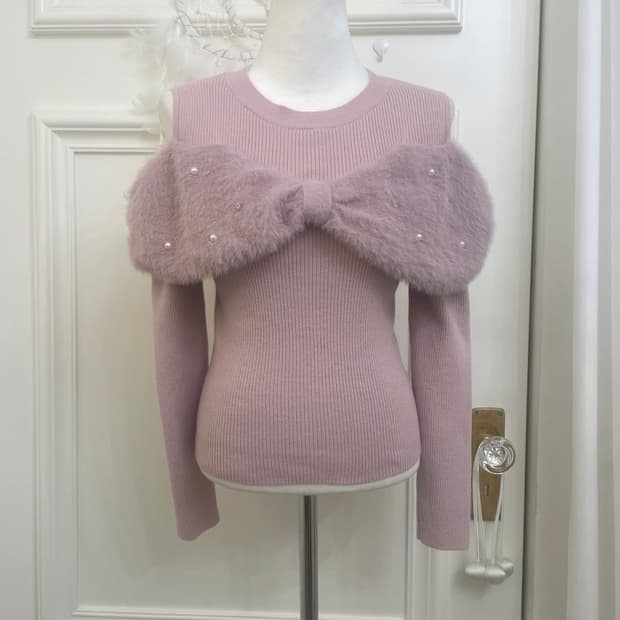 powder pink bow fur shoulder lovely knit