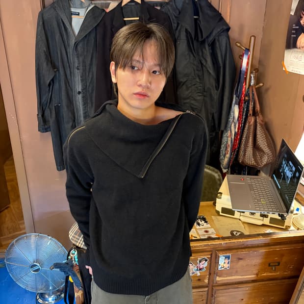 ARMANI EXCHANGE 더블 사이드 넥 집업 울 니트