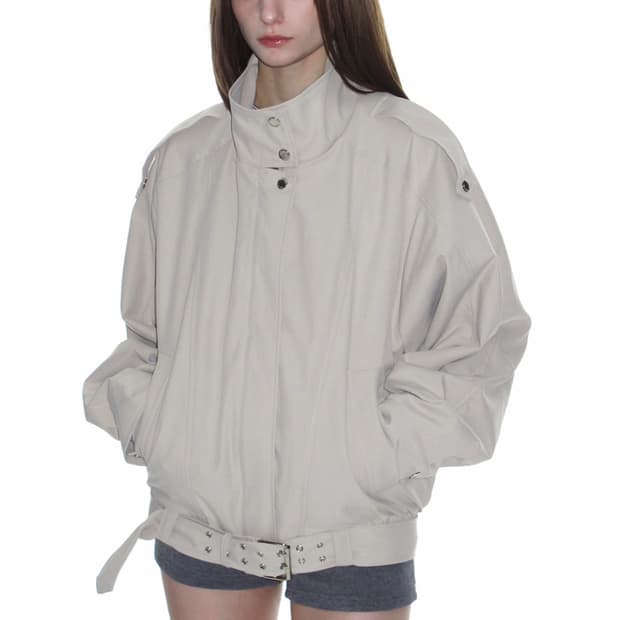 크랭크 하이넥 벨티드 블루종 자켓