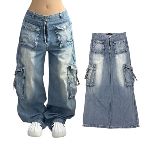 멀티포켓 Y2K 데님 탄창 와이드 빈티지 카고팬츠