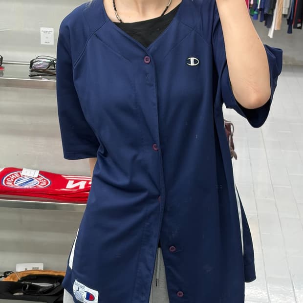 챔피온 풀 버튼 베이스볼 져지 네이비