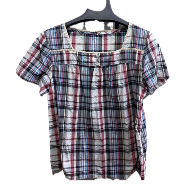 모리걸 스퀘어넥 반소매 체크 남방 블라우스