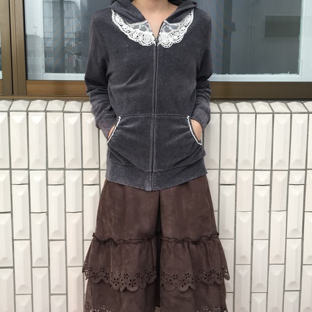 Crochet trimming velvet hood zip up