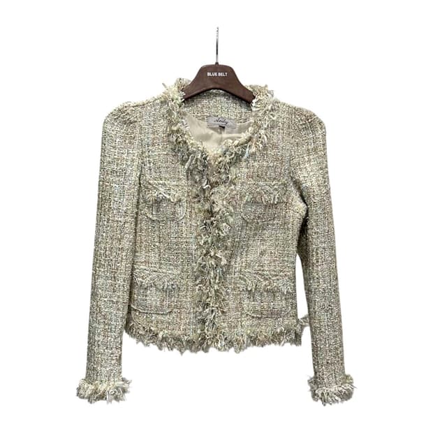 JPN VINTAGE 트위드 자켓 라운드넥 프린지 디테일 아이보리