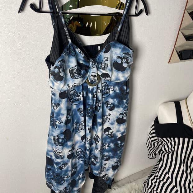 빈티지 펑크 스컬 블루 타이다이 나시 원피스