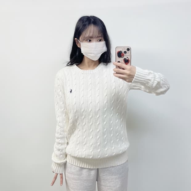 폴로 랄프로렌 포니 로고 케이블 라운드 니트 화이트