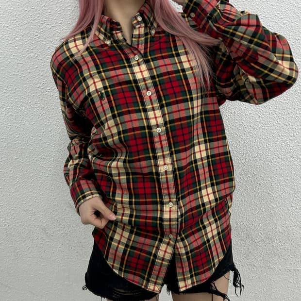 폴로 랄프로렌 딥그린포니 타탄체크 울 셔츠 S