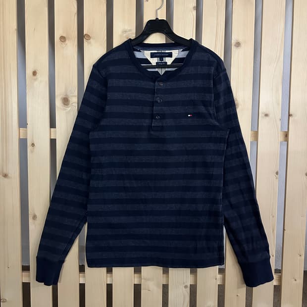(S) 타미힐피거 스트라이프 헨리넥 롱슬리브 티셔츠