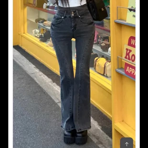 모리녀 카인다미 하이웨스트 투버튼 절개 부츠컷 흑청 L