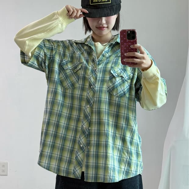 랭글러 웨스턴 그린 반팔 체크셔츠