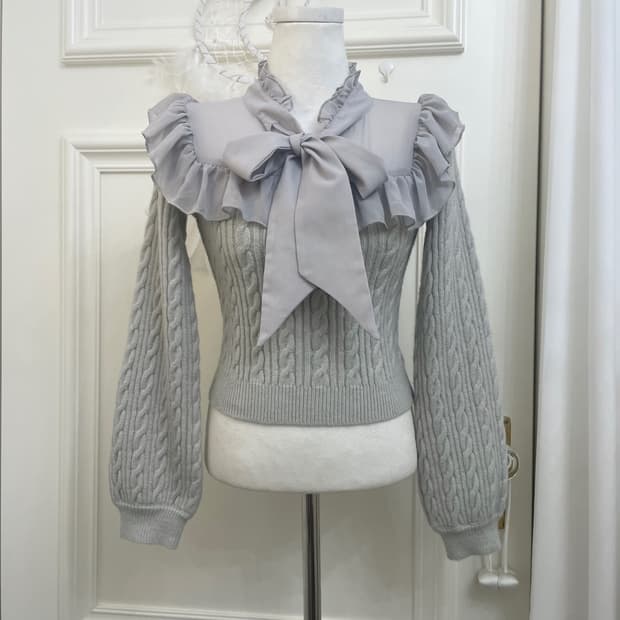 EVELYN sheer gray twist knit ruffle blou