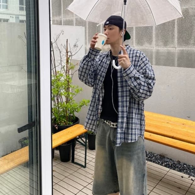 오버핏 체크 셔츠 블루