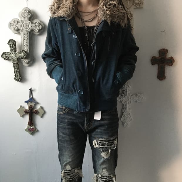 Fake fur collar high neck jacket