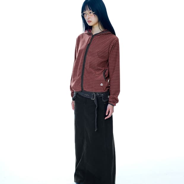 STRIPE FLEECE HOOD ZIP-UP RED