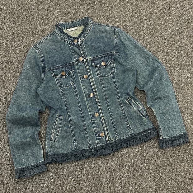 M)Rosa cheri 빈티지 레이스 레이어드 논카라 여성 데님자켓