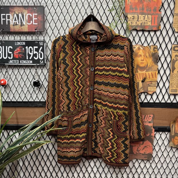 빈티지 니트 후드 롱 가디건 3D 케이블 직조패턴 포인투 주라욱