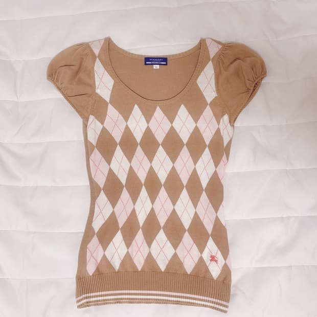 버버리 대장 블루라벨 아가일 브라운 핑크 퍼프 니트 반팔 라떼갸루 오월