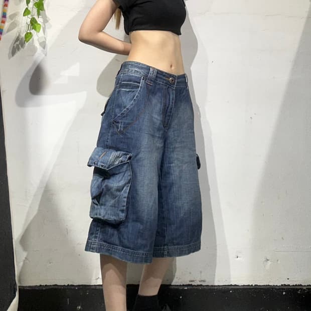 빈티지 진청 데님 반바지 청 카고 버뮤다 와이드 팬츠 