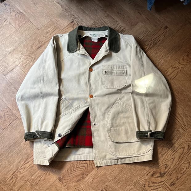 [XL]90's 엘엘빈 USA Made 체크 라이닝 아이보리 헌팅 자켓